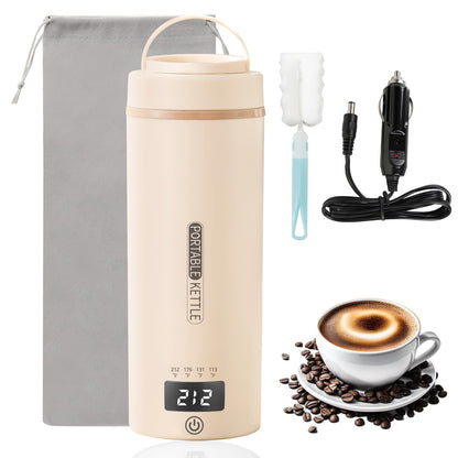 Car Kettle Water Boiler 12V - Travel Kettle Portable Electric Kettle 500ml, 4 Adjustable Temperature for Coffee Tea Heater, 316 Stainless Steel (Cream)
