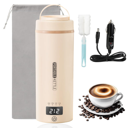 Car Kettle Water Boiler 12V - Travel Kettle Portable Electric Kettle 500ml, 4 Adjustable Temperature for Coffee Tea Heater, 316 Stainless Steel (Cream)
