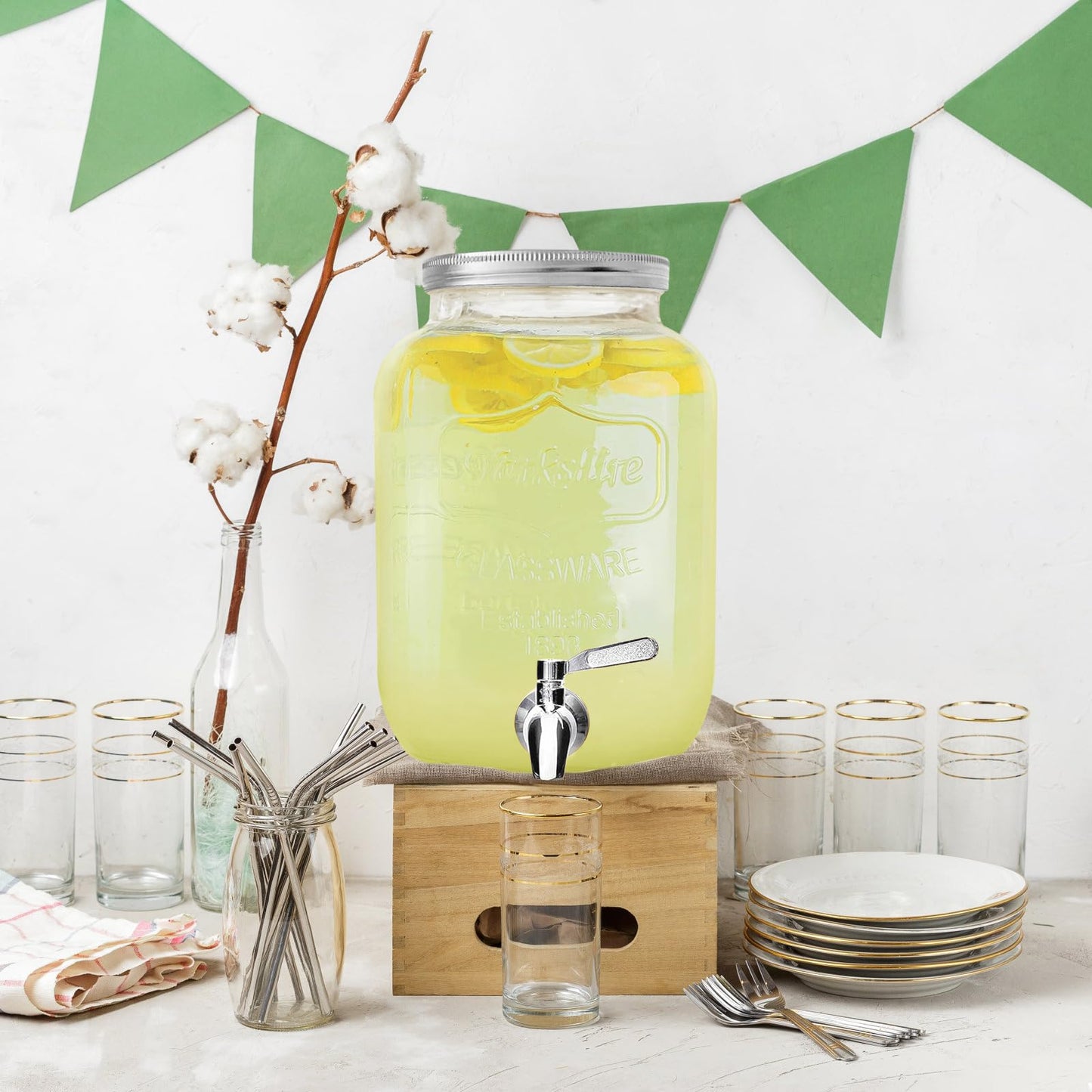 Eshly 1-Gallon Drink Dispenser Glass Beverage Dispenser with Spigot Laundry Detergent Dispenser Juice Lemonade Dispenser for Parties- Serveware for BBQ, Picnic, Pool Party
