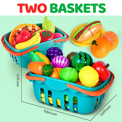 100 PCS Cutting Play Food Toy for Kids Kitchen, Pretend Food Toys for Toddlers, Play Kitchen Toys Accessories with 2 Baskets, Fake Food/Fruit/Vegetable, Birthday Gifts for 3 4 5 Years old Boys Girls