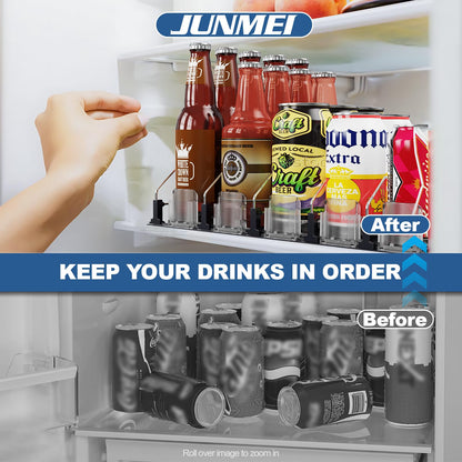 JUNMEI Drink Organizer for Fridge，12oz 16oz 20oz - Soda Can Dispenser for Refrigerator，Width Adjustable，Automatic Pusher Glide，15" D, Black，3 ROWS