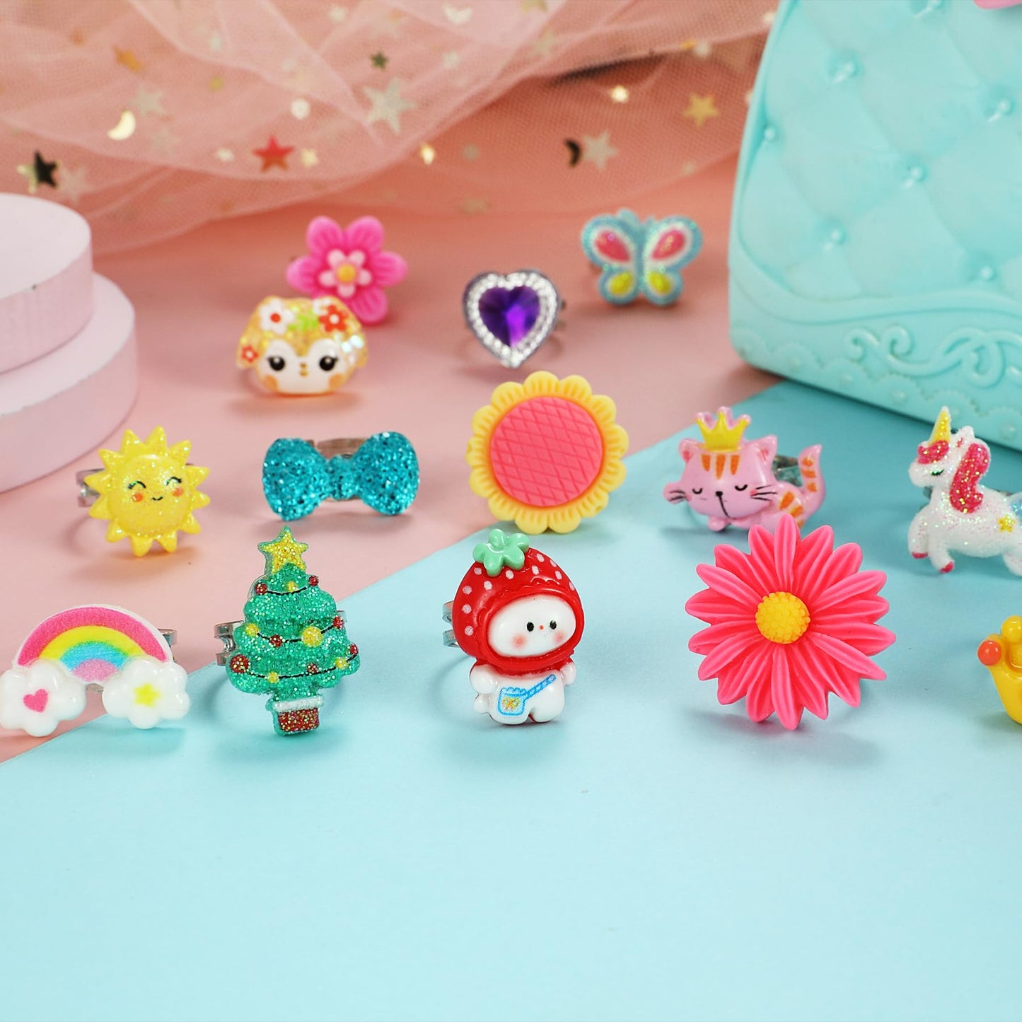 Adjustable Pretend Play Girl Jewel Rings Set