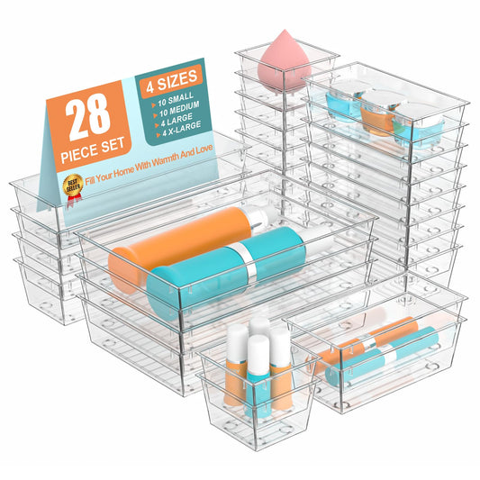 【28 PCS】Drawer Organizers, Organization and Storage Organizers and Storage, Acrylic Organizers, Storage Bins for Cosmetic, Vanity Organizer, 4-Size Clear Plastic, Kitchen Gadgets Utensils and Office