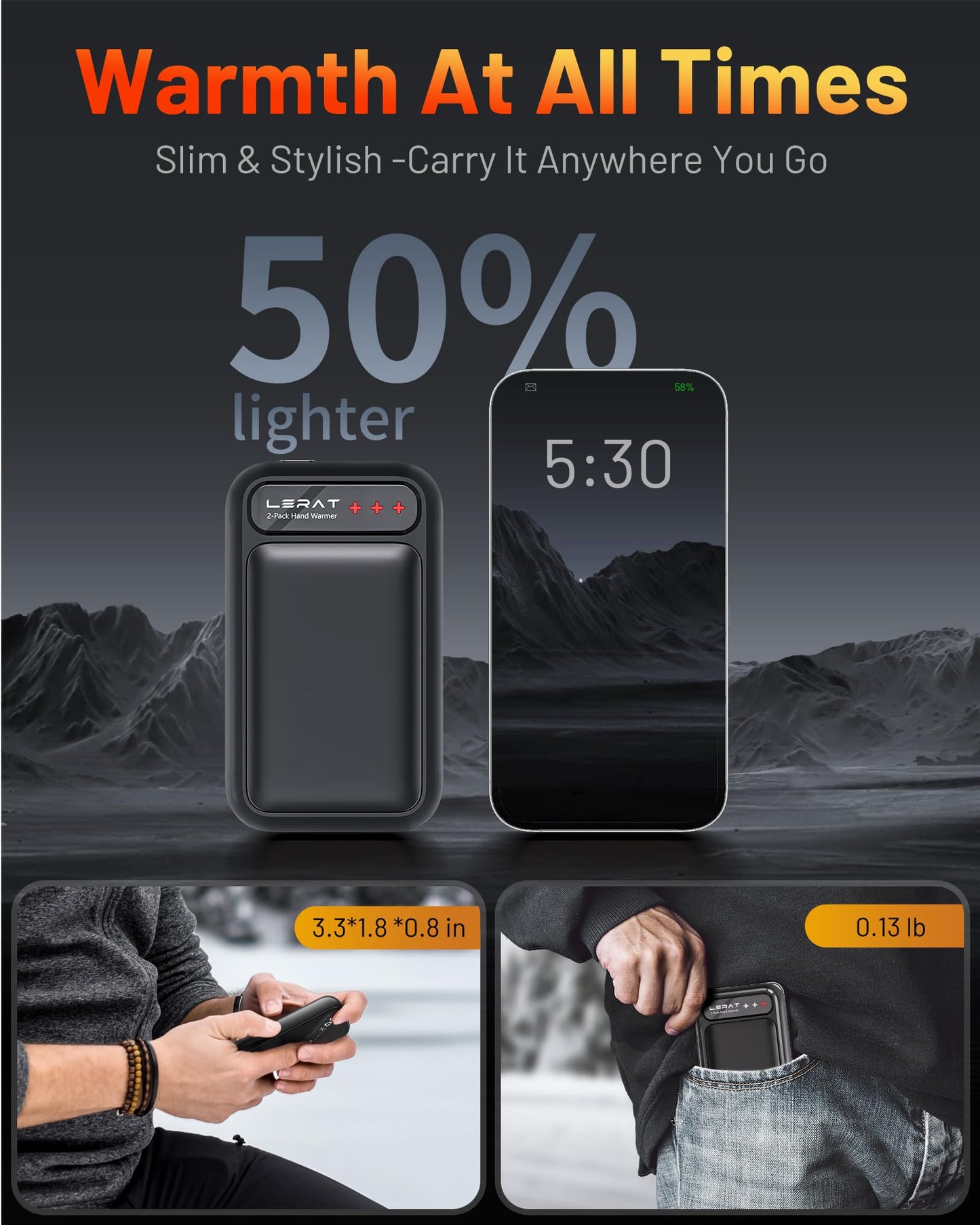 Rechargeable Hand Warmers 2-Pack, Fast Heating