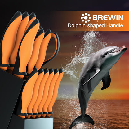 Brewin Knife Set, 15-Piece Kitchen Knife Set with Block, German Stainless Steel Sharp Knives Set for Kitchen with Built-in Sharpener, Ergonomic TPR Anti-Slip Handle