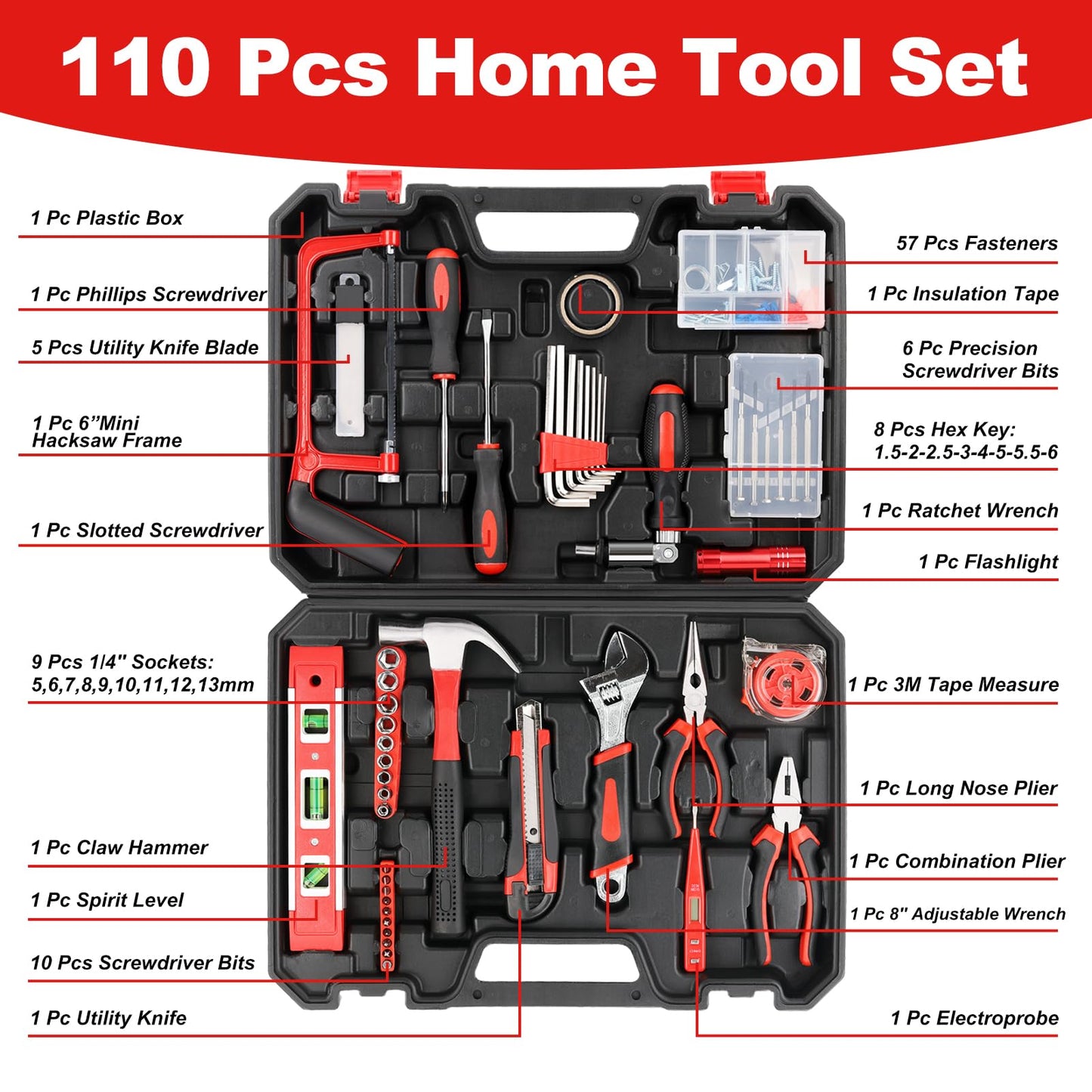 Worture 110 Pieces Hand Tool Kit for Daily Repairing, Heavy Duty Steel Home Repairing Tool Set, Household Tools with Plastic Storage Toolbox, Ideal for Daily Home Repairs, DIY and Crafts