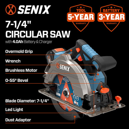 SENIX 20V Max 7-1/4" Circular Saw for Wood Cutting | Cordless Circular Saw with 4.0Ah Battery & Charger | 4200RPM Brushless Motor, LED Light, 55° Bevel | Storage Bag Included (PSCX2-M3)