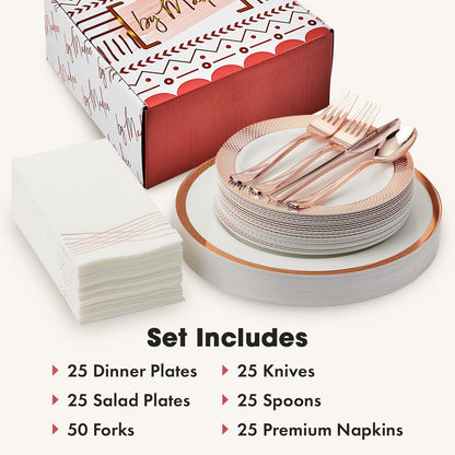 By Madee HEAVYWEIGHT 175 Pcs Rose Gold Dinnerware Set 25 for 25 Guests | Rose Gold Plates and Napkins Party Supplies | Elegant Plastic Plates | Fancy Disposable Dinnerware Set