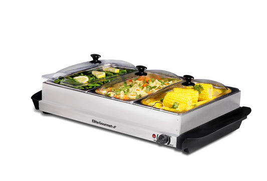 Elite Gourmet EWM-6171 Triple 3 x 2.5 Qt. Trays, Buffet Server, Food Warmer Temperature Control, Clear Slotted Lids, Perfect for Parties, Entertaining & Holidays, 7.5 Qt Total, Stainless Steel
