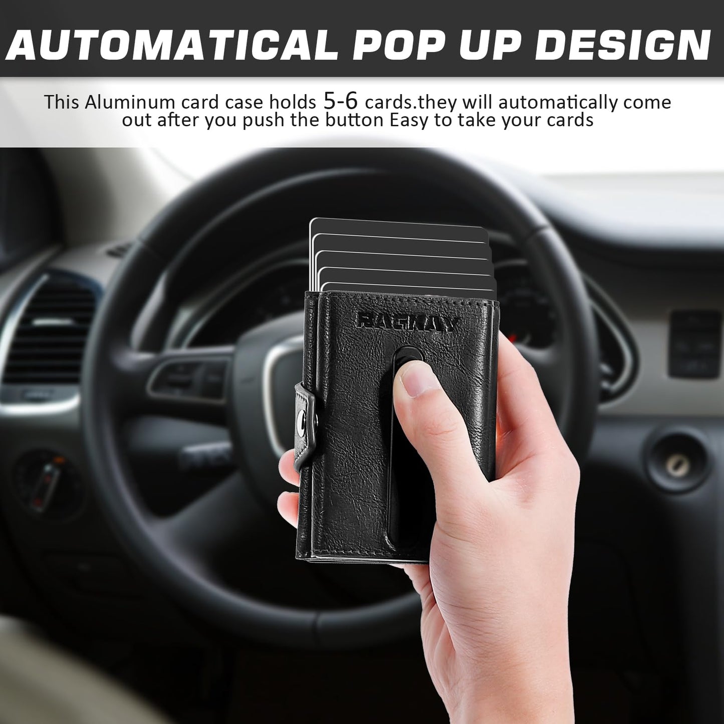 Wallet with Airtag Holder, Pop Up Card Holder and Cash Slot — Leather, Compatible with Apple Air Tag, RFID Blocking, Tri-fold Mens Wallet, Gift for Men (Black)