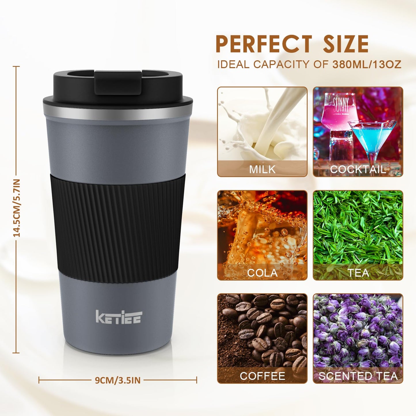 KETIEE Travel Coffee Mug 12oz: Insulated Coffee Cup with Leakproof Lid, Coffee Tumbler, Reusable Coffee Cups with Seal Lid, Vacuum Stainless Steel Coffee Mug to Go for Hot/Ice Coffee Tea (Grey)