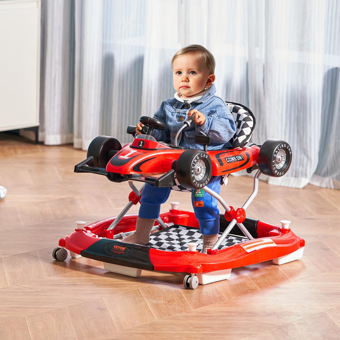 VEVOR 4-in-1 Baby Walker, Foldable Baby Activity Center with Wheels, Adjustable Height, Light, Steering Wheel, Learning-Seated | Walk-Behind | Car Shape | Rocker Baby Walker for Boys Girls 6-24 Month