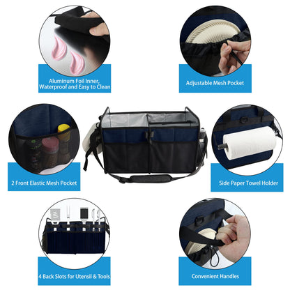 WOMACO Grill BBQ Caddy with Cooler Bag and Paper Towel Holder, Picnic Organizer for Utensil, Plate, Condiment, Griddle Caddy for Outdoor, Camper, Travel, Car, RV Must Haves (Dark Blue)