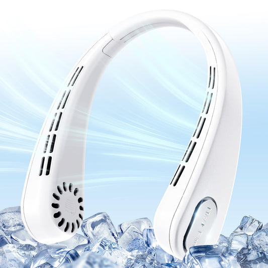 HUIDANGJIA Portable Neck Fan, Bladeless Personal Fan, Rechargeable 4000mAh Battery, No Hair Snagging, 3 Speeds Faster Cooling, Ultra Quiet, Gifts for Men Women, Home, Office, Travel Essentials, White