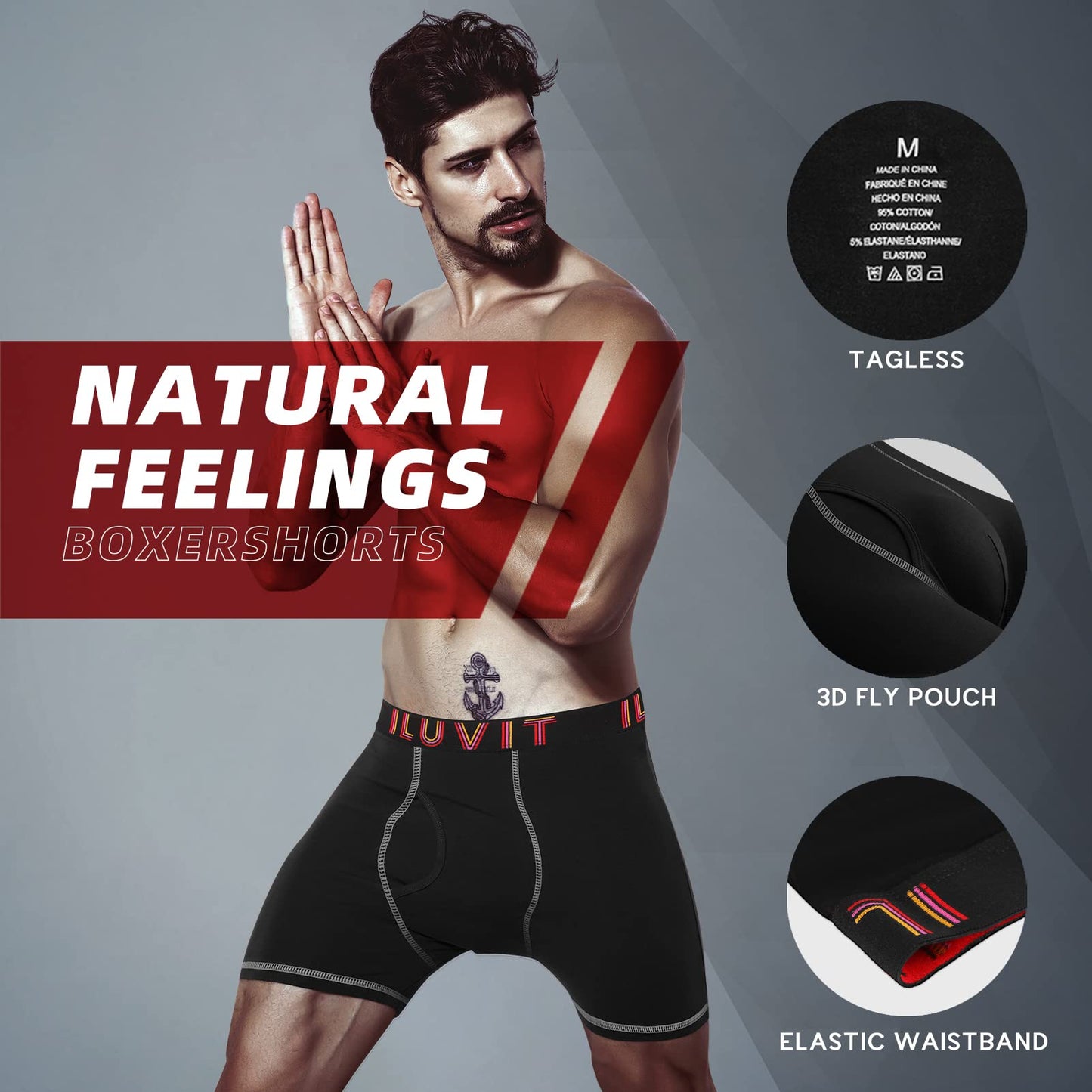 Natural Feelings Boxer Briefs Mens Underwear Men Pack Soft Cotton Open Fly Underwear S