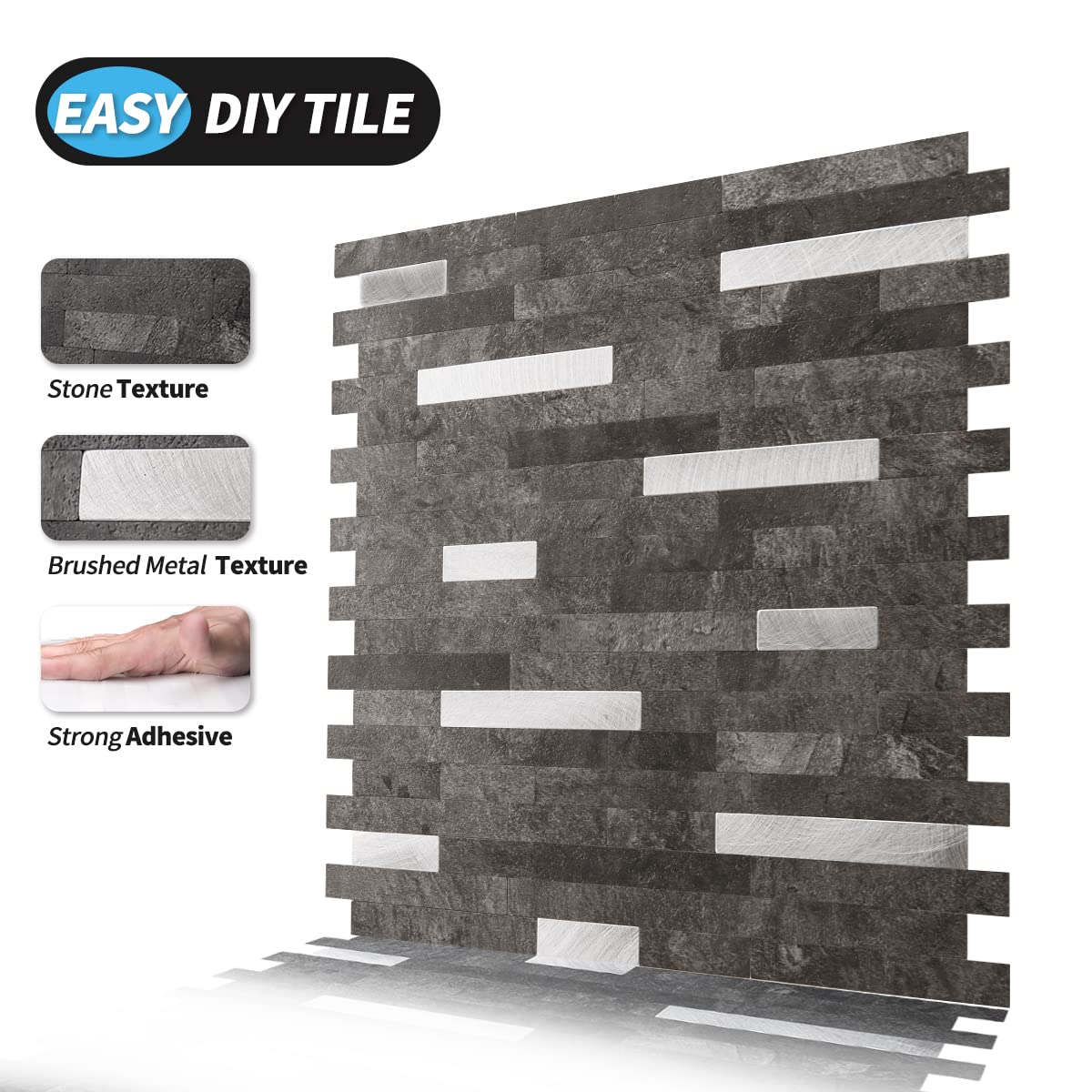 Art3d 10-Sheet PVC Peel and Stick Collage Tile for Kitchen Backsplash,Bathroom - Dark Slat