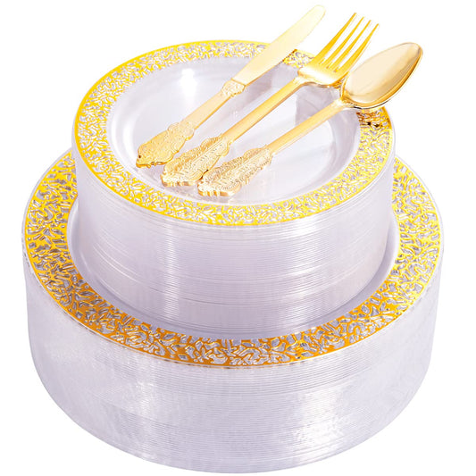 Clear Gold Plastic Plates Set for Parties