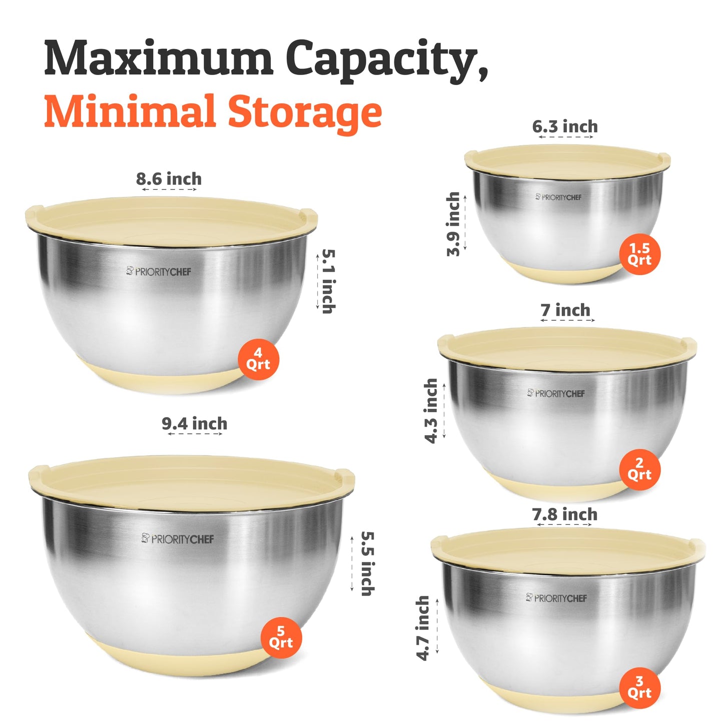 Priority Chef Premium Mixing Bowls With Lids Set, Airtight Lids, Thicker Stainless Steel Mixing Bowl Set, Large Prep Metal Bowls with Lids, Nesting Bowls for Kitchen, 1.5/2/3/4/5 Qrt, Khaki