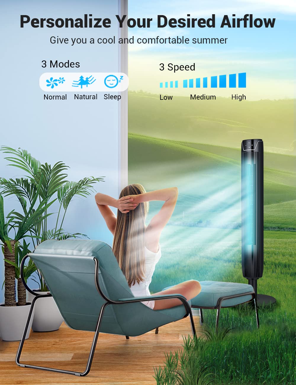 KopBeau Tower Fan for Bedroom, 42 Inch Oscillating Cooling Fans with Remote, Quiet Bladeless Floor Powerful Fan, 3 Modes, Buit-in 7Hrs Timer and LED Display, Standing Fans for Home Office, Black