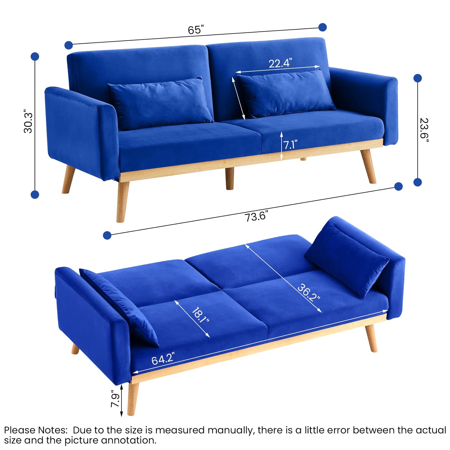 DKLGG Blue Futon Sofa Bed, Velvet Convertible Sofa Couch Sleeper with Wood Legs & 2 Pillows, Upholstered Loveseat for Small Spaces Living Room Bedroom Furniture, 3 Adjustable Positions, Easy Assembly