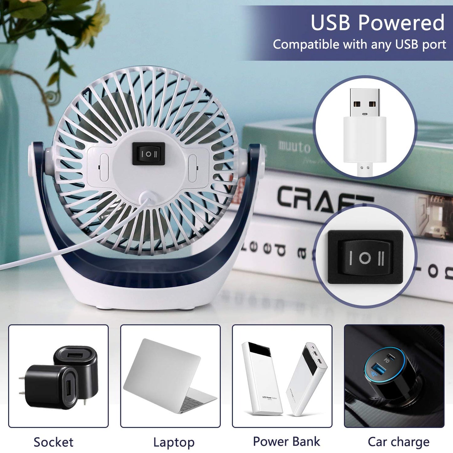 Aluan Desk Fan Small Table Fan with Strong Airflow Quiet Operation Portable Fan Speed Adjustable Head 360°Rotatable Mini Personal Fan for Home Office Bedroom Table and Desktop 5.1 Inch