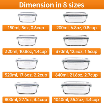 HOMBERKING 8-Pack Glass Meal Prep Containers