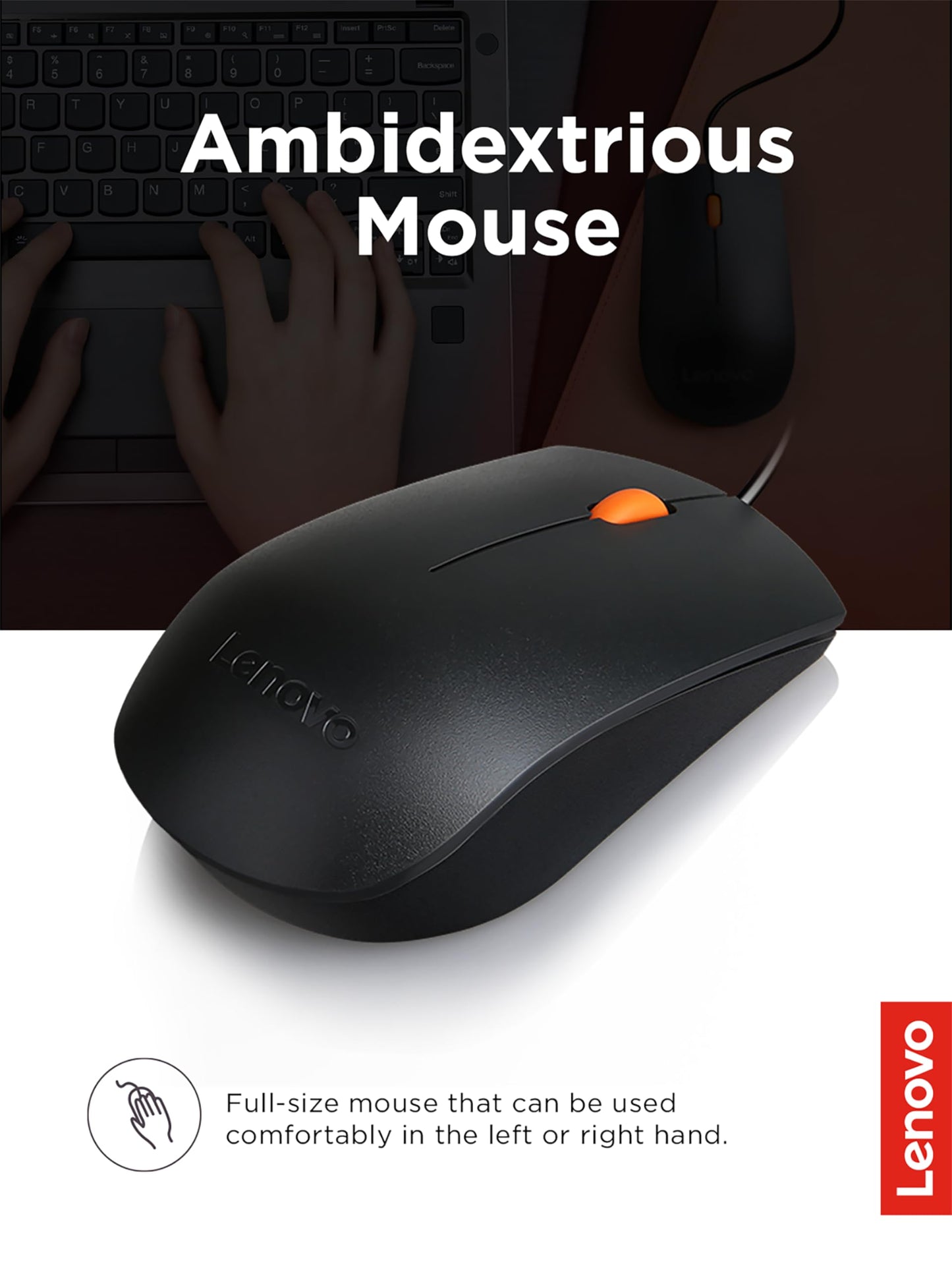 Lenovo 300 USB Combo, Full-Size Wired Keyboard & Mouse, Ergonomic, Left or Right Hand Mouse, Optical Mouse, GX30M39606, Black