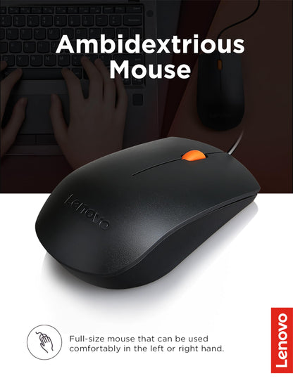 Lenovo 300 USB Combo, Full-Size Wired Keyboard & Mouse, Ergonomic, Left or Right Hand Mouse, Optical Mouse, GX30M39606, Black