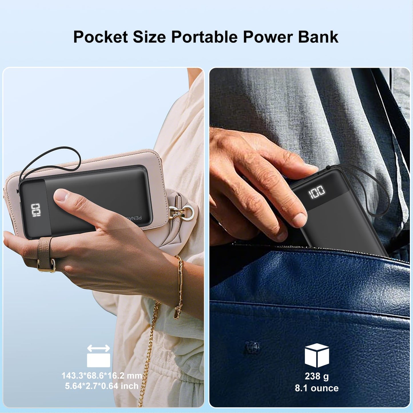 Portable 10000mAh Power Bank with Built-in Cable