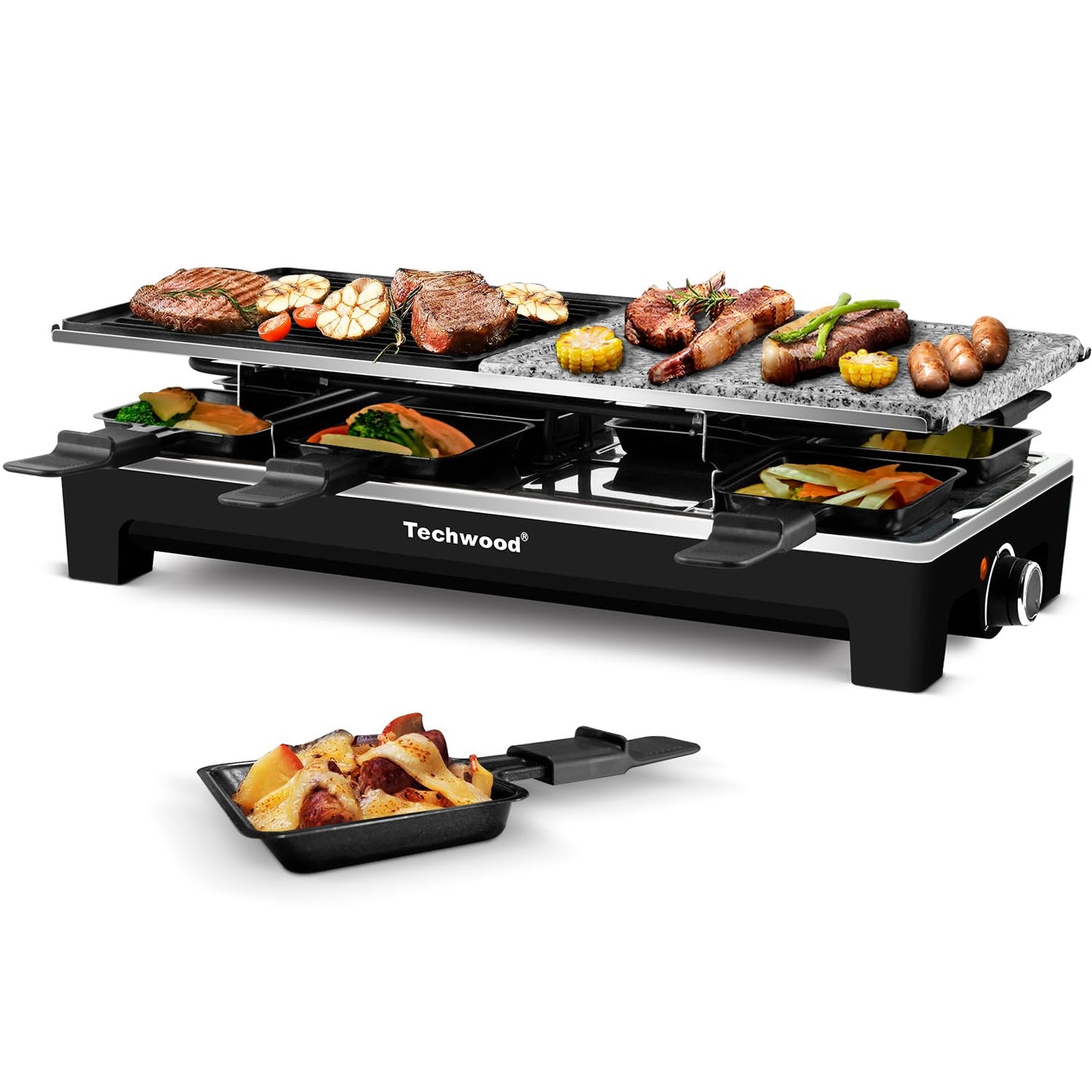 Raclette Table Grill, Techwood Electric Indoor Grill Korean BBQ Grill, Removable 2-in-1 Non-Stick Grill Plate, 1500W Fast Heating with 8 Cheese Melt Pans, Ideal for Parties and Family Fun