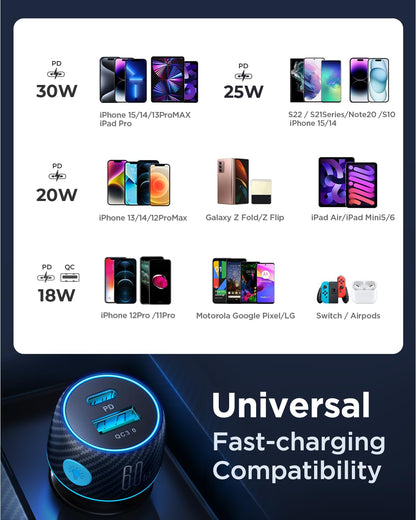 60W USB C Car Charger for iPhone 15, [PD30W&QC30W] Cigarette Lighter Phone Charger Adapter USBC Fast Charging for iPhone 15/14/13Pro Max Plus, Samsung Galaxy S23/22, iPad Pro, Google Pixel, Androids