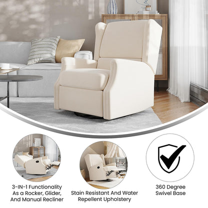 Flash Furniture Omma Swivel Glider Rocking Recliner, Manual Wingback Recliner with 360 Degree Swivel, for Living Room, Bedroom, or Nursery, Upholstered, Cream