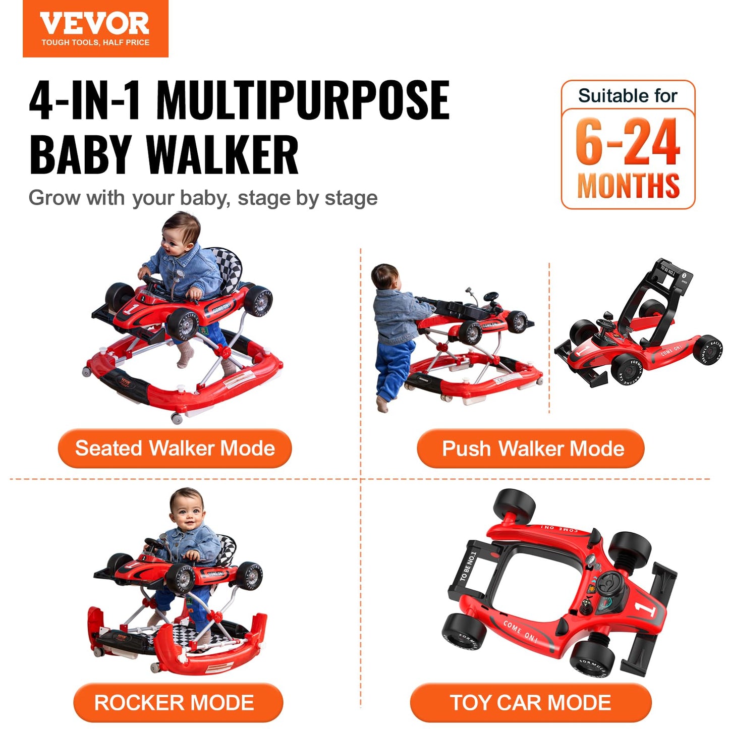 VEVOR 4-in-1 Baby Walker, Foldable Baby Activity Center with Wheels, Adjustable Height, Light, Steering Wheel, Learning-Seated | Walk-Behind | Car Shape | Rocker Baby Walker for Boys Girls 6-24 Month