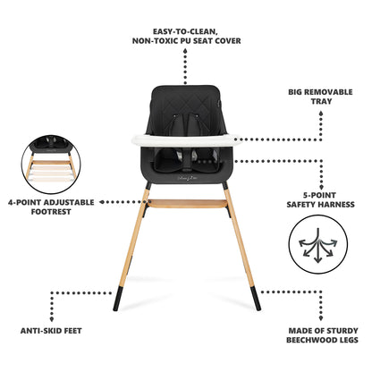 Dream On Me Nibble Wooden Compact High Chair in Black | Light Weight | Portable |Removable seat Cover I Adjustable Tray I Baby and Toddler