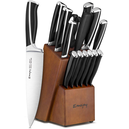 Knife Set, Emojoy 15 Piece Kitchen Set with Block Wooden, German Stainless Steel Sharp Chef Sharpener, Knives Black
