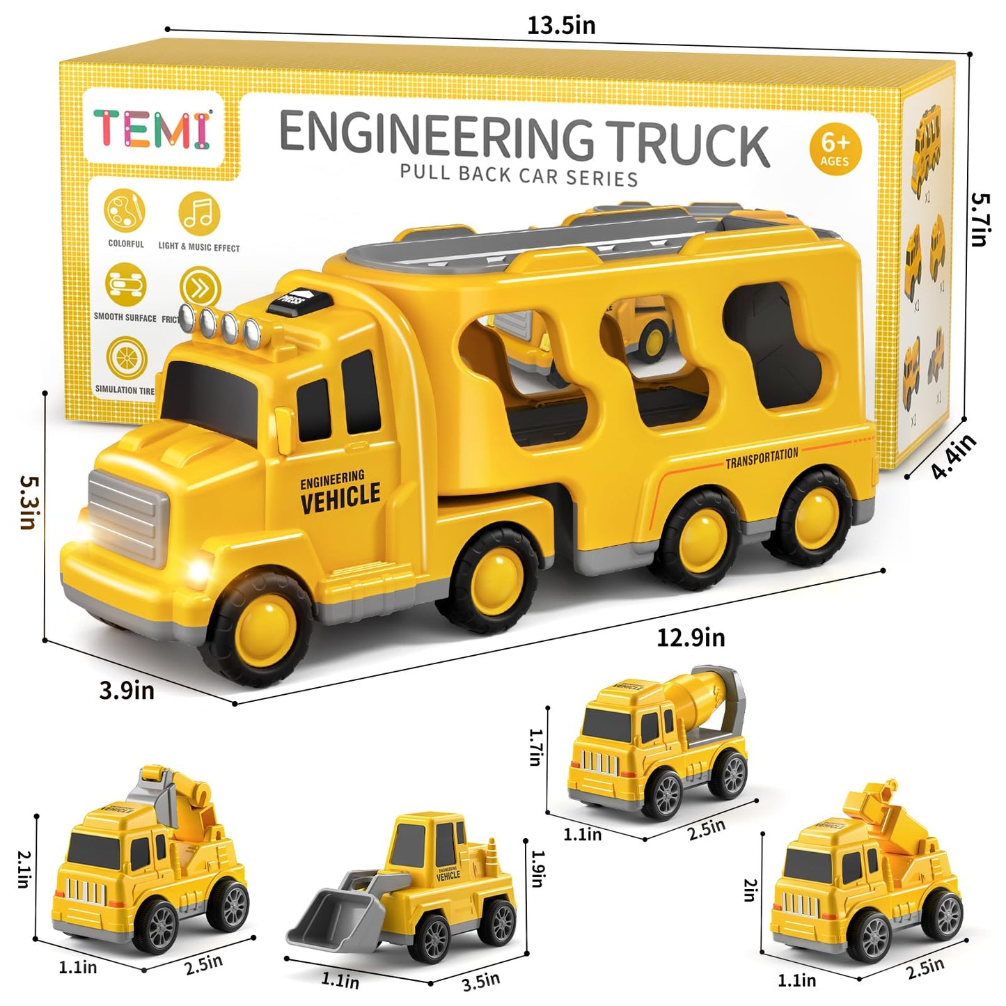 GoAnnieGo Construction Truck Toys Cars for Toddlers 3-5 - 5-in-1 Friction Power Vehicle Toy 3 4 5 6 Year Old Boys, Cranes Bulldozers Transport Trucks, Christmas Birthday Gift for Age 3-9 Boys & Girls