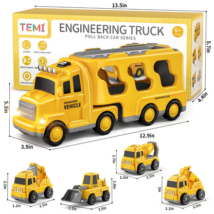 GoAnnieGo Construction Truck Toys Cars for Toddlers 3-5 - 5-in-1 Friction Power Vehicle Toy 3 4 5 6 Year Old Boys, Cranes Bulldozers Transport Trucks, Christmas Birthday Gift for Age 3-9 Boys & Girls