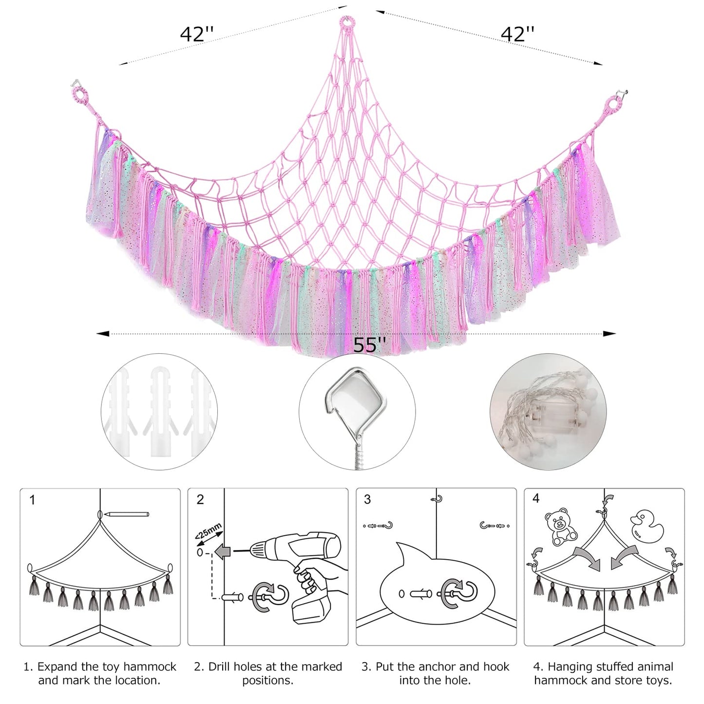 Stuffed Animal Storage Macrame Boho Plush Toy Net Hammock for Stuffed Animals with Light Pet Net for Stuffed Animals Corner Hanging Stuffed Animal Holder Teddy Bear Net for Kids Room
