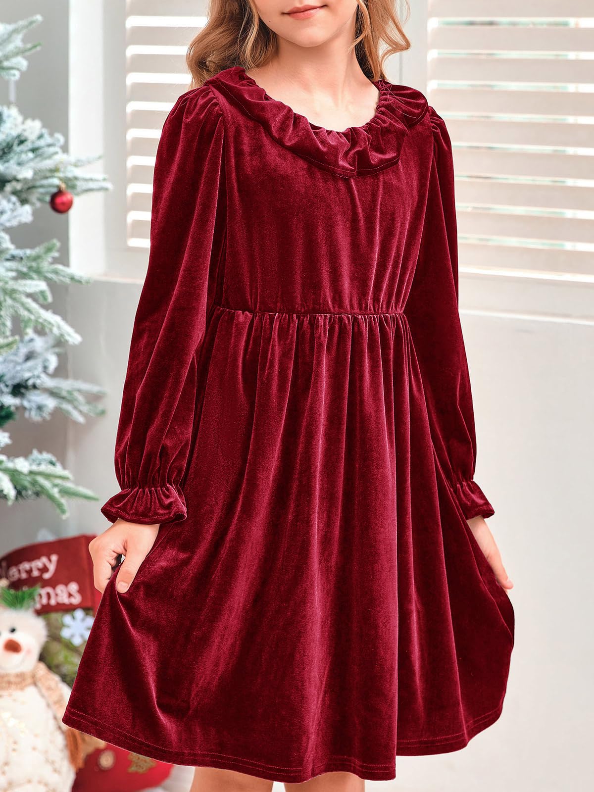 Girls Long Sleeve Velvet Ruffle Dress 5-14 Years