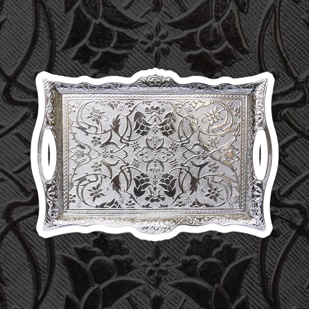 Alisveristime Ottoman Turkish Zamak Serving Tray with Traditional Motifs, Ideal for Coffee and Tea - Six Person Tray (14.5 x 9.85 in) (Silver)