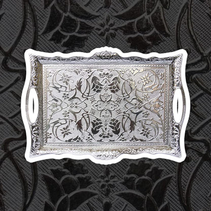 Alisveristime Ottoman Turkish Zamak Serving Tray with Traditional Motifs, Ideal for Coffee and Tea - Six Person Tray (14.5 x 9.85 in) (Silver)