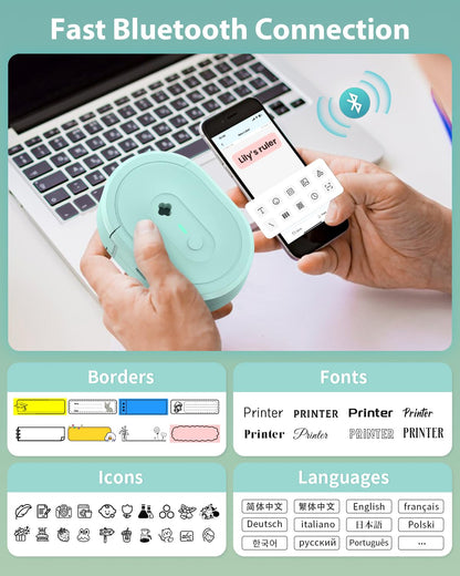 NDYIN Label Maker Machine with Tape, N12 Portable Bluetooth Label Printer, Wireless Mini Label Makers Thermal Sticker with Multiple Templates for Home, Kitchen, School, Office Organization, Green