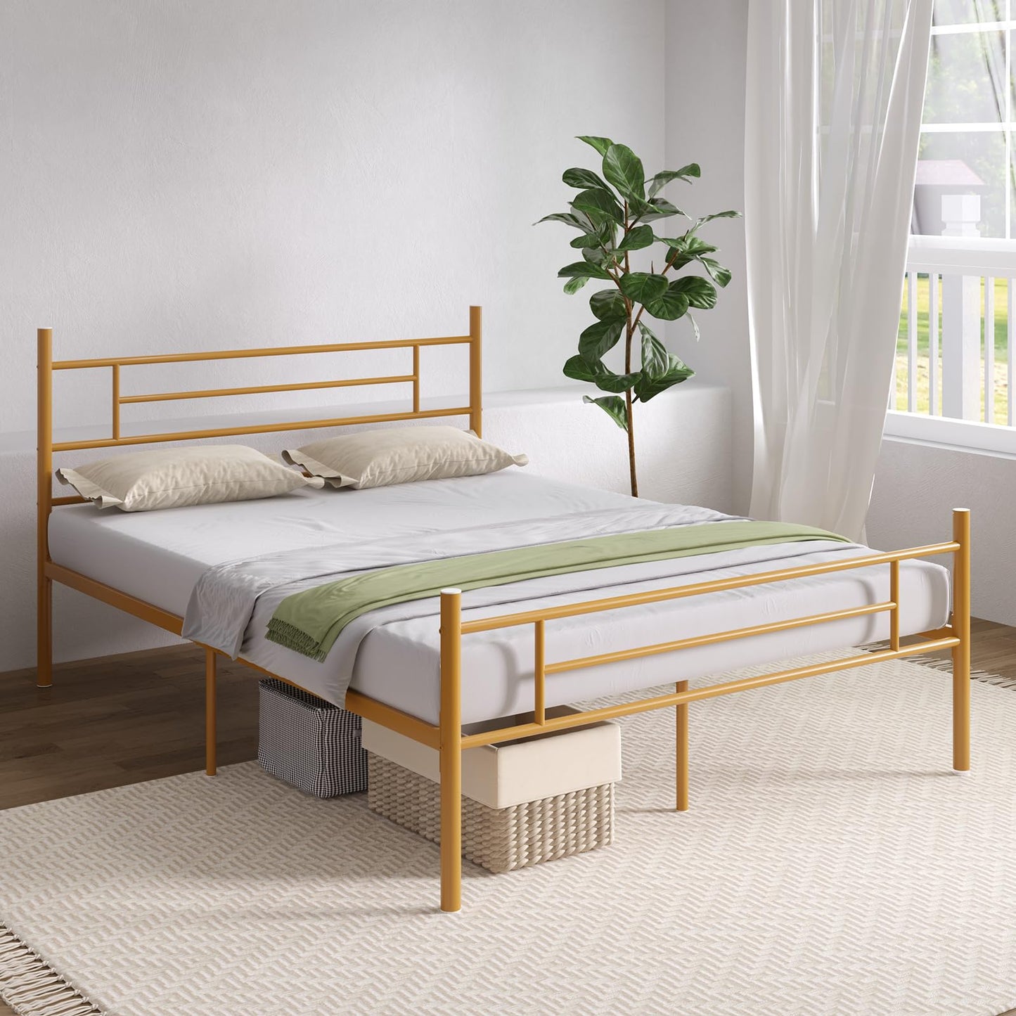 Novilla Twin Bed Frame with Headboard and Footboard, 14 Inch Metal Platform Bed Frame with Under Bed Storage, No Box Spring Needed, Strong Metal Slats Support, Gold