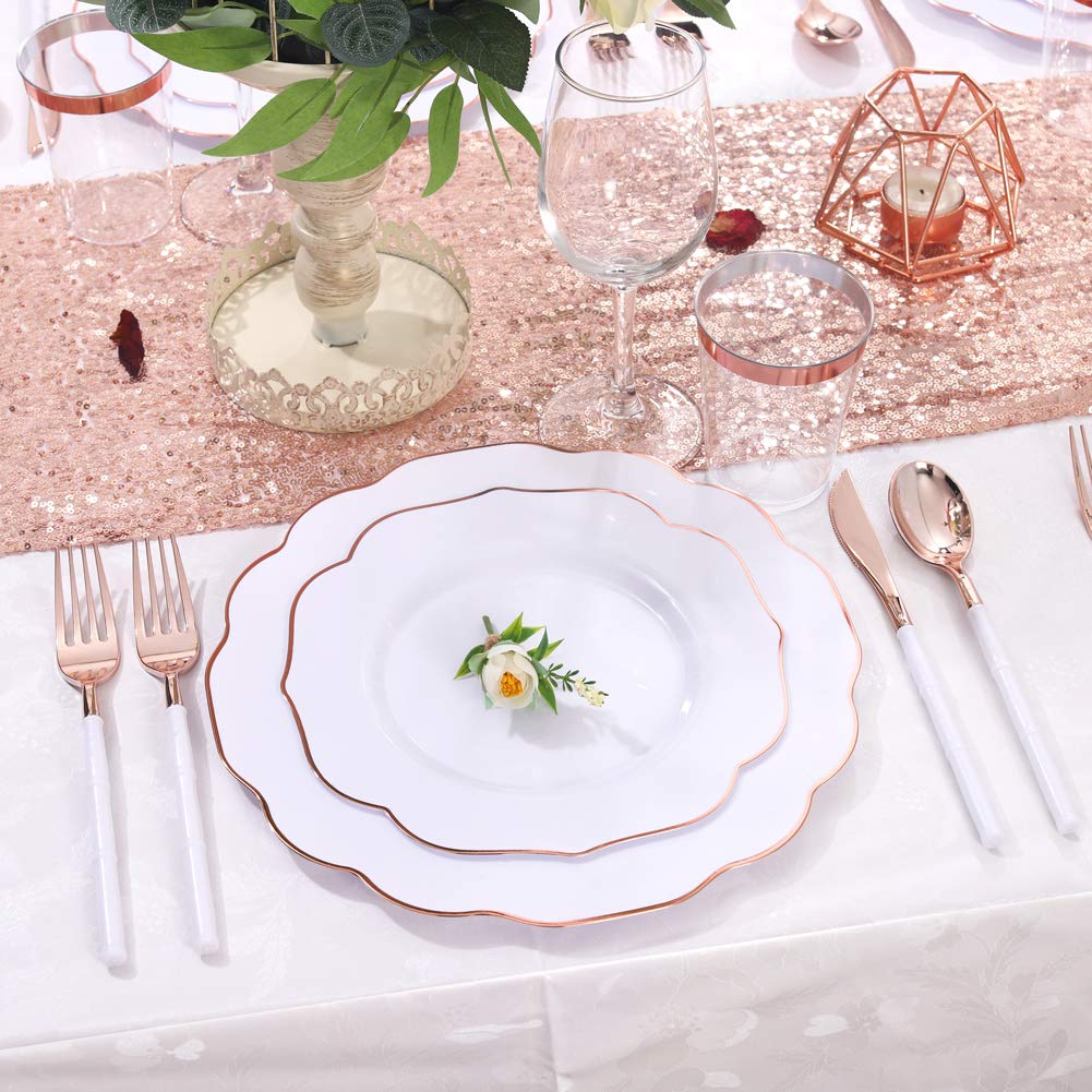 BUCLA 30Guest White And Rose Gold Plastic Plates With Rose Gold Plastic Silverware& Disposable Plastic Cups- Rose Gold Rim Plastic Dinnerware Ideal For Mother's Day, Weddings And Parties