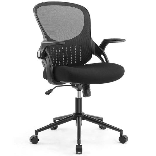 OLIXIS Office Chair - Ergonomic Flip-up Arm Home Office Computer Swivel Task Chair with Lumbar Support, Wide Seat, Thickened Cushion, Widened Backrest, Storage Back Basket, Darkblack (Z3519BK-2)