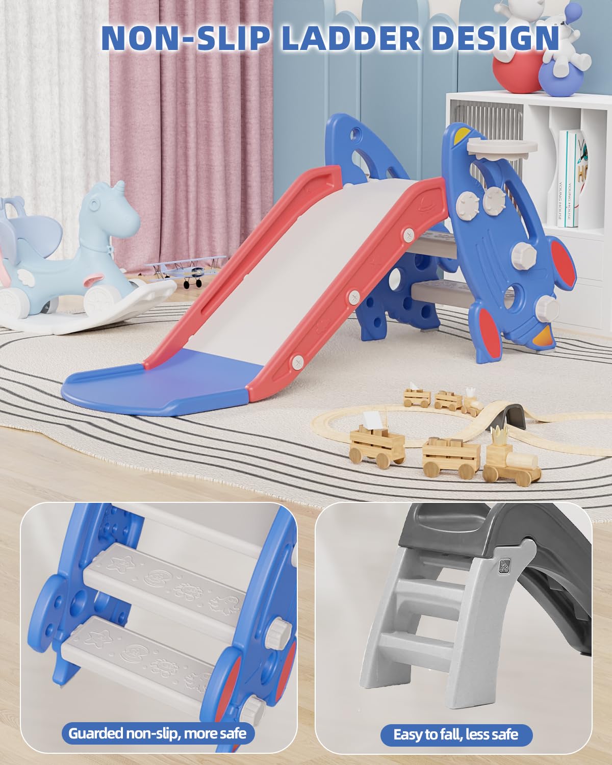 SYPEVIN Toddler Slide, Indoor Slide for Toddlers Age 1-3, Freestanding Kids Slide Climber Playset Toys with Basketball Hoop, Ideal Gift for Boys and Girls, Red Blue Rocket