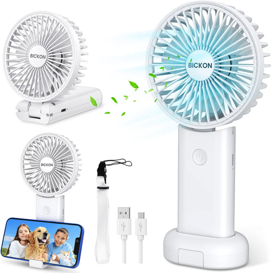 BICKON Handheld Fan, Portable Fan with USB Rechargeable Battery, 3 Adjustable Speed personal fan Desk Table fan with Base, Lightweight Makeup Fan for girls Women Kids, Travel, Outdoor Indoor Office