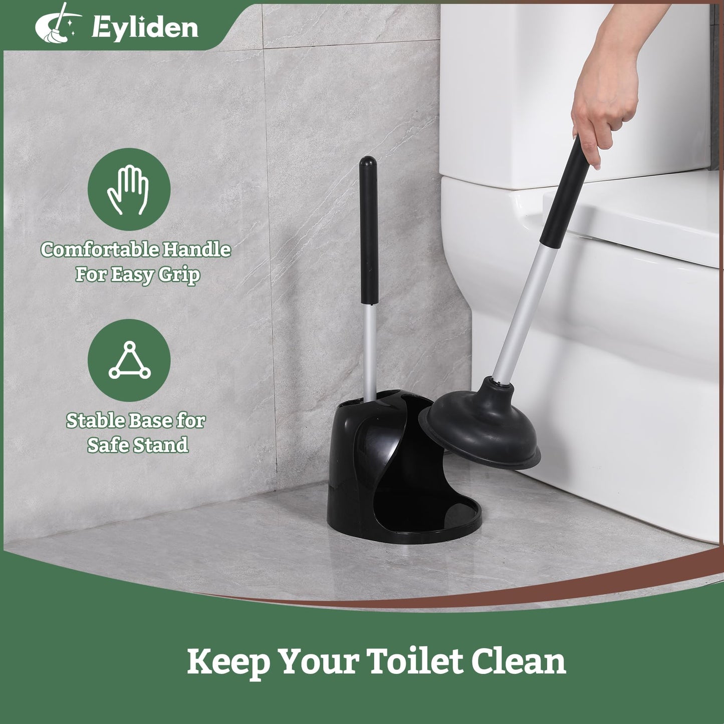 Eyliden 2-in-1 Toilet Brush and Plunger Combo with Holder, Large Size TPR Plunger, Aluminum Handle, 2 Replacement Brush Heads, Compact Bathroom Cleaning Set (Black)