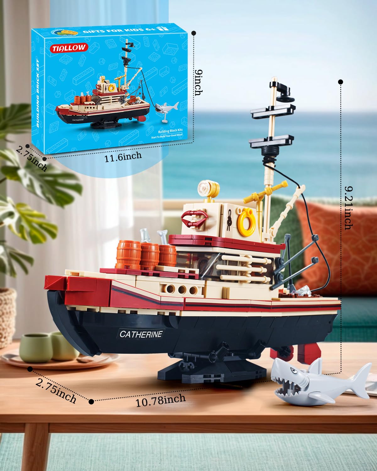 TIALLOW City Fishing Boat Building Blocks Kit, Ship Toy Set for Ocean Exploration Enthusiasts, Includes Shark, Fishing Rods, and Scene Simulation, Boys and Girls Ages 6 and Up (592 Pieces)