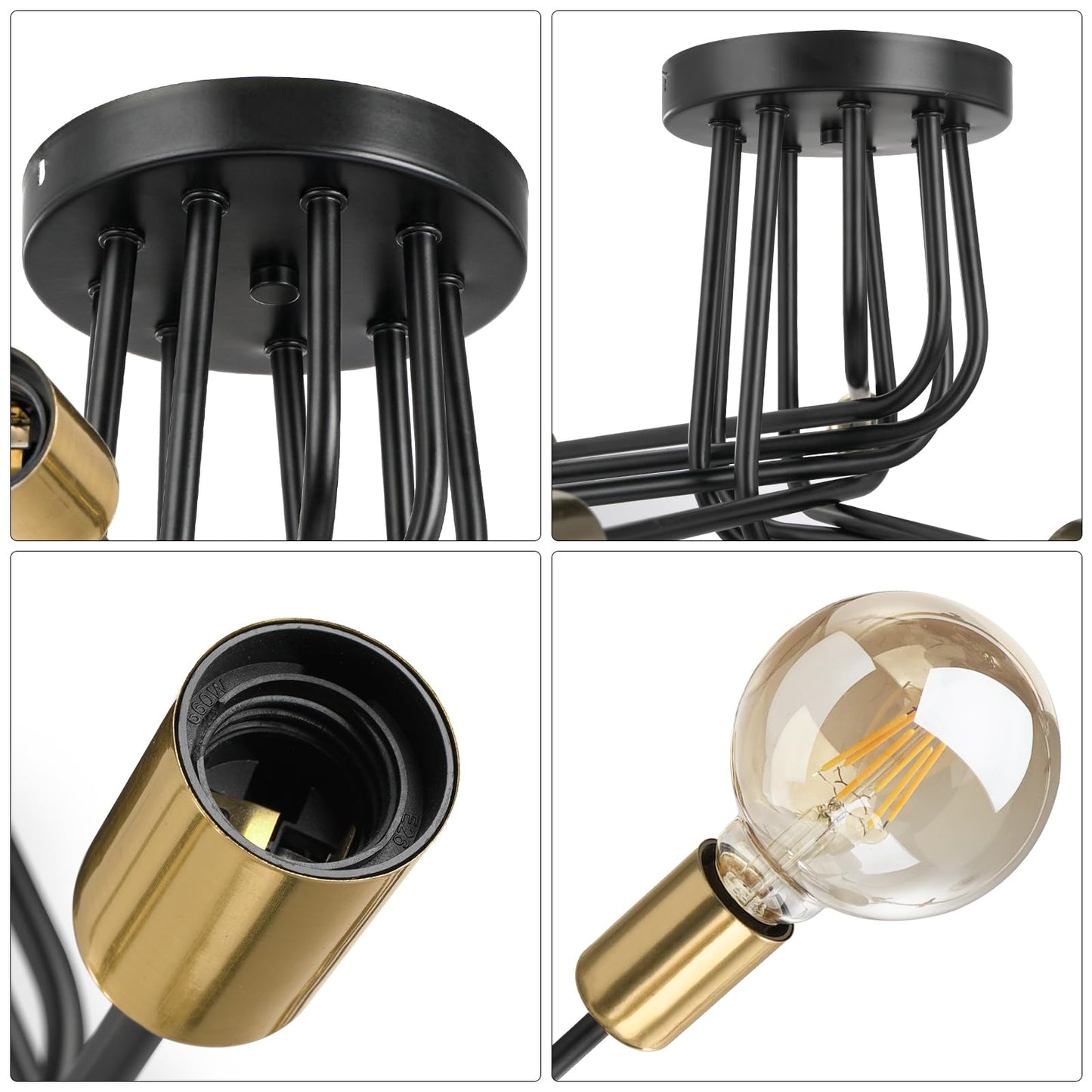FRIDEKO HOME Modern Sputnik Ceiling Light- 9 Light Semi Flush Mount Ceiling Light Fixture Industrial Ceiling Lamp Black and Gold Chandelier for Farmhouse Kitchen Dining Room Bedroom Living Room